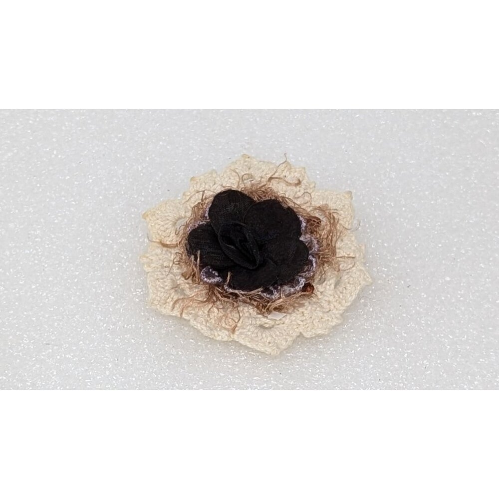 Vintage Handmade Crochet Flower Brooch With Black Center 3" Diameter